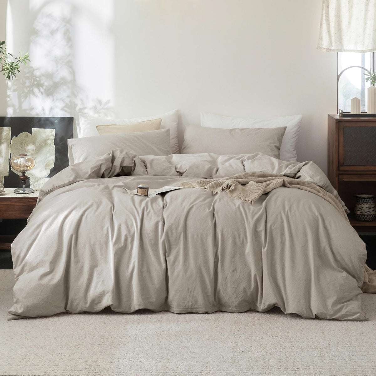 FOSSA Duvet Cover Set 100% Washed Cotton Linen Feel Queen