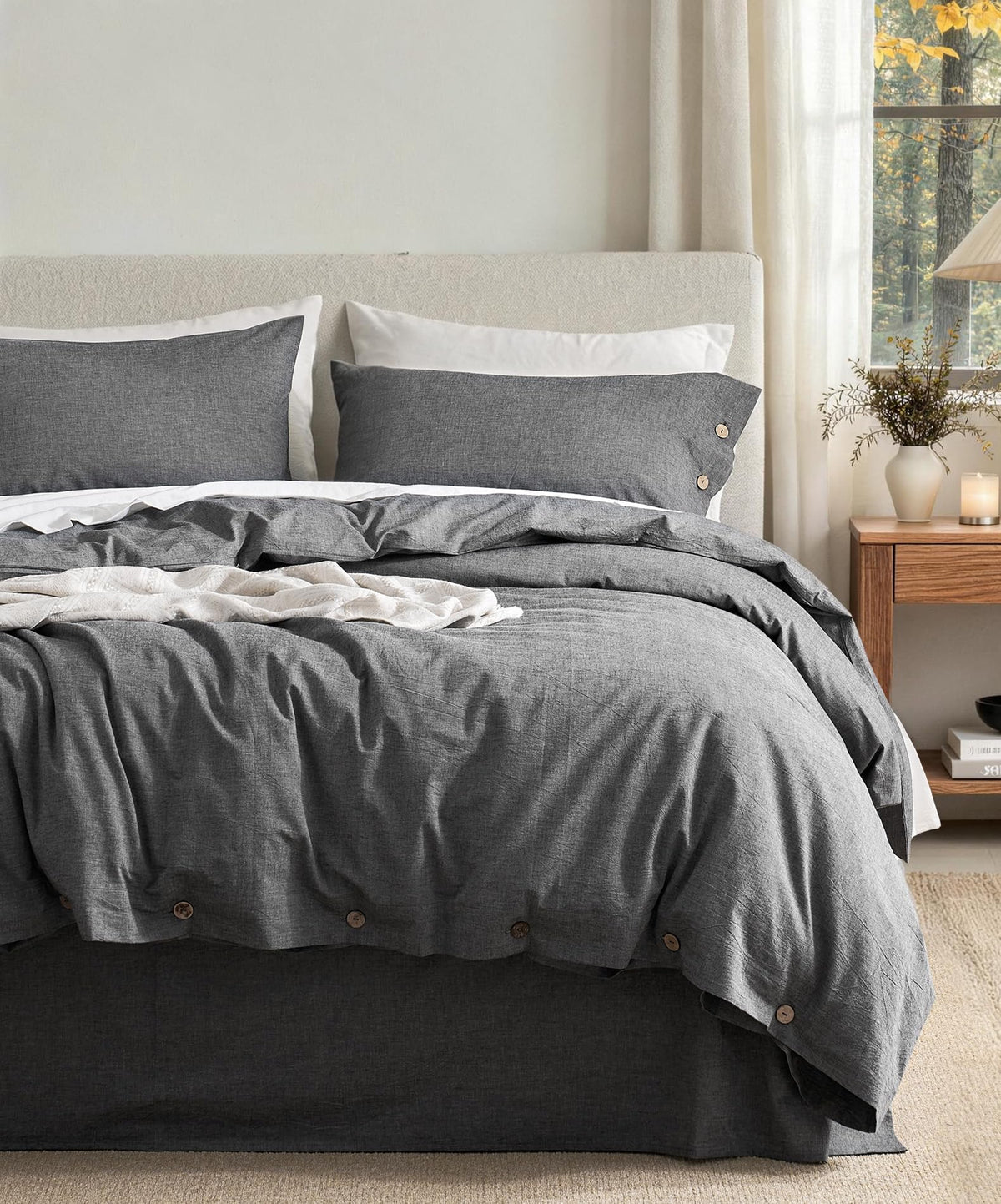 JELLYMONI 100% Washed Cotton Striped Duvet Cover Set King, Linen-Like