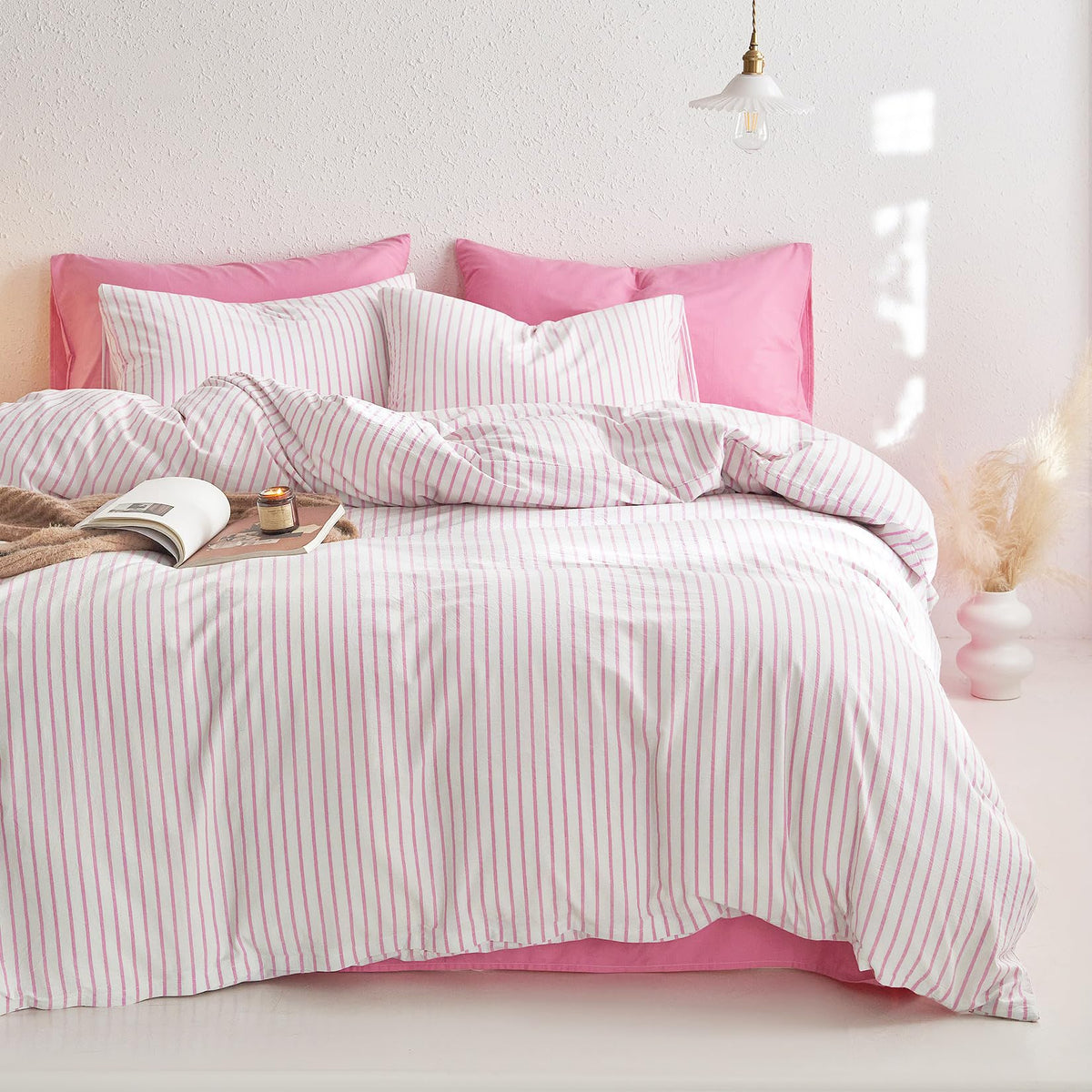 Wake In Cloud Striped Cotton Duvet Cover Set, White, Queen
