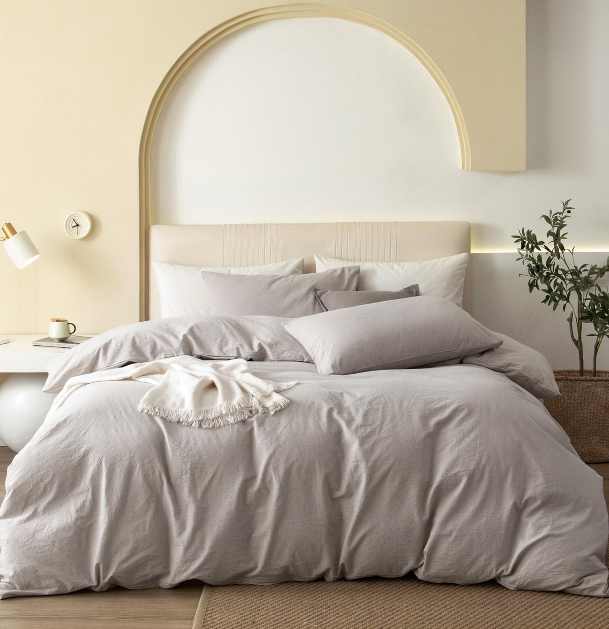 JIYUAN Queen Washed Cotton Duvet Cover Set, 3-Piece, Relaxed Linen Feel