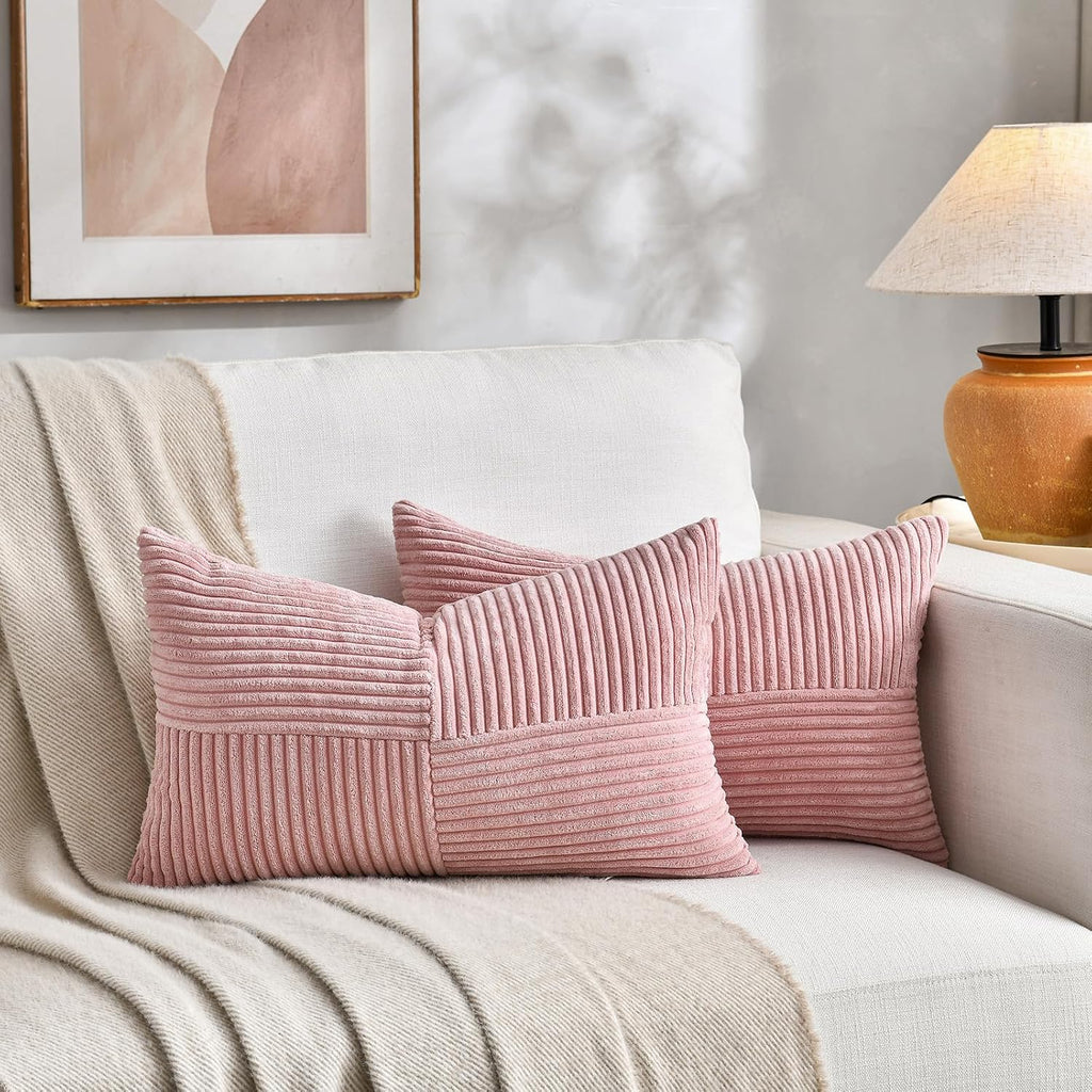 Fancy Homi Blush Pink Lumbar Decorative Throw Pillow Covers 12x20 Inch for Living Room Couch Bed, Rustic Farmhouse Boho Home Decor, Soft Striped Corduroy Rectangle Accent Cushion Case 30x50 cm