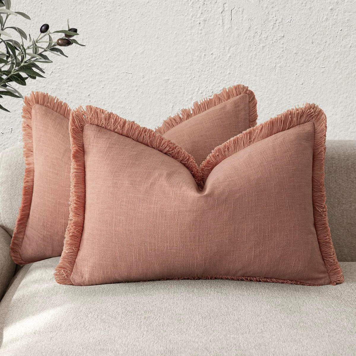 Foindtower Decorative Linen Fringe Throw Pillow Covers 20×20 Olive Green