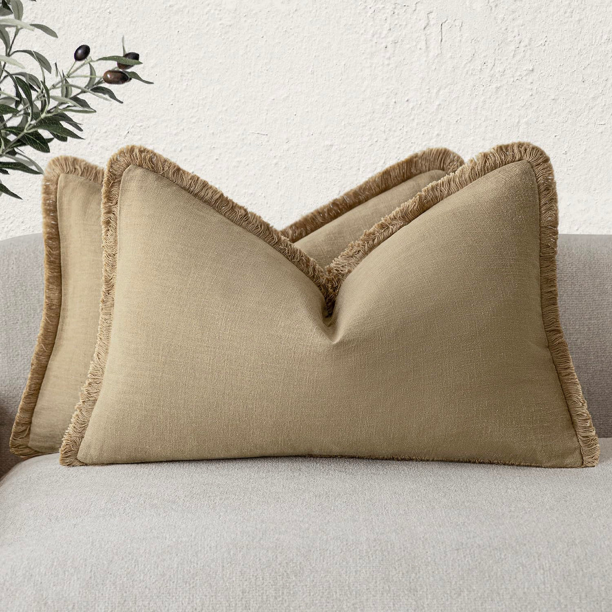 Foindtower Decorative Linen Fringe Throw Pillow Covers 20×20 Olive Green