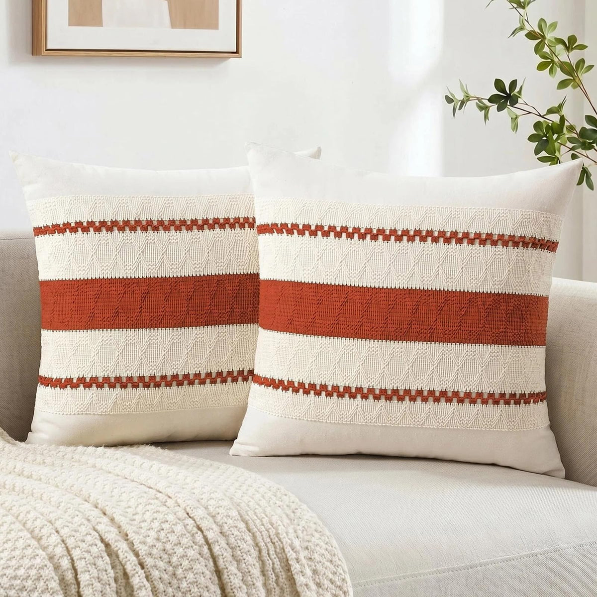 Fancy Homi Set of 2 Rust Boho Decorative Throw Pillow Covers 18x18 Inch for Couch Bed Sofa, Aesthetic Modern Organic Fall Room Decor, Soft Cotton Cute Terracotta Textured Farmhouse Cushion Case