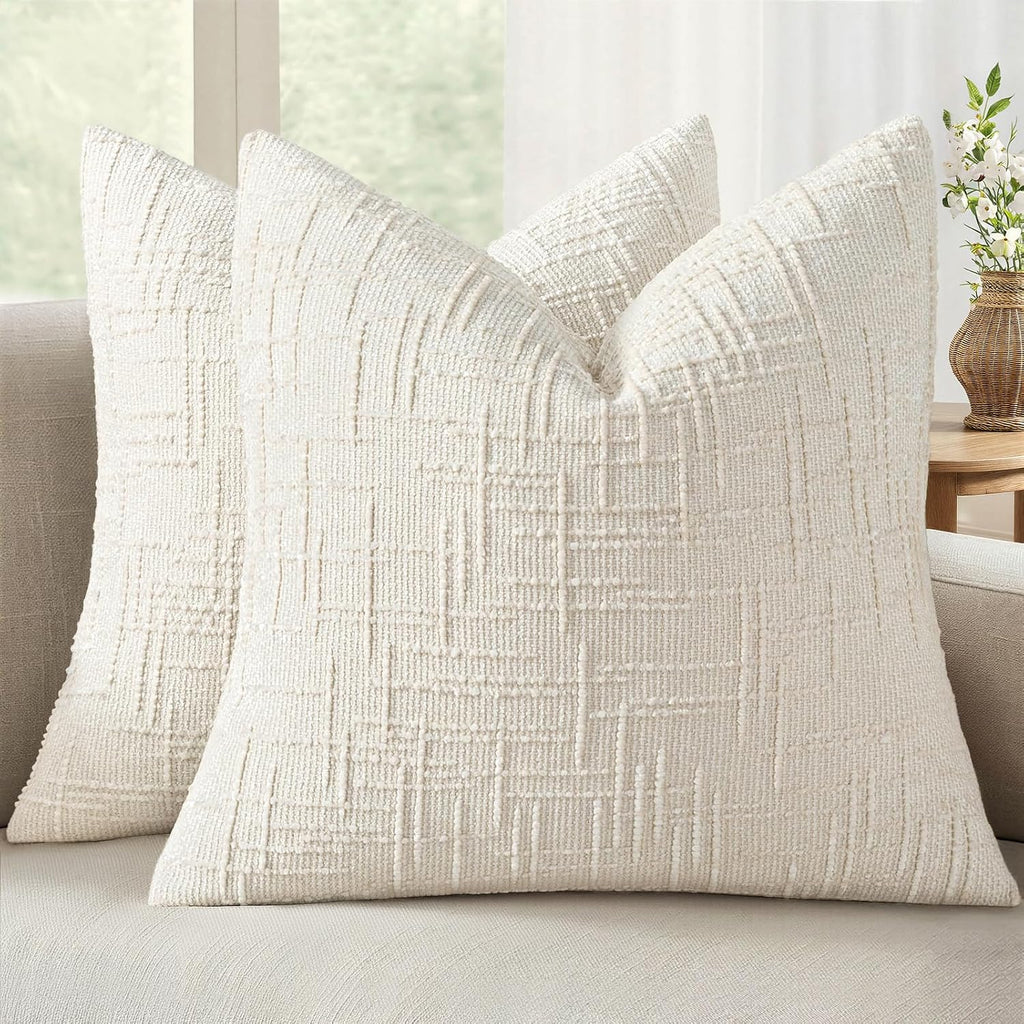 MIULEE Chenille Textured Throw Pillow Covers Cream White 20x20 Set of 2