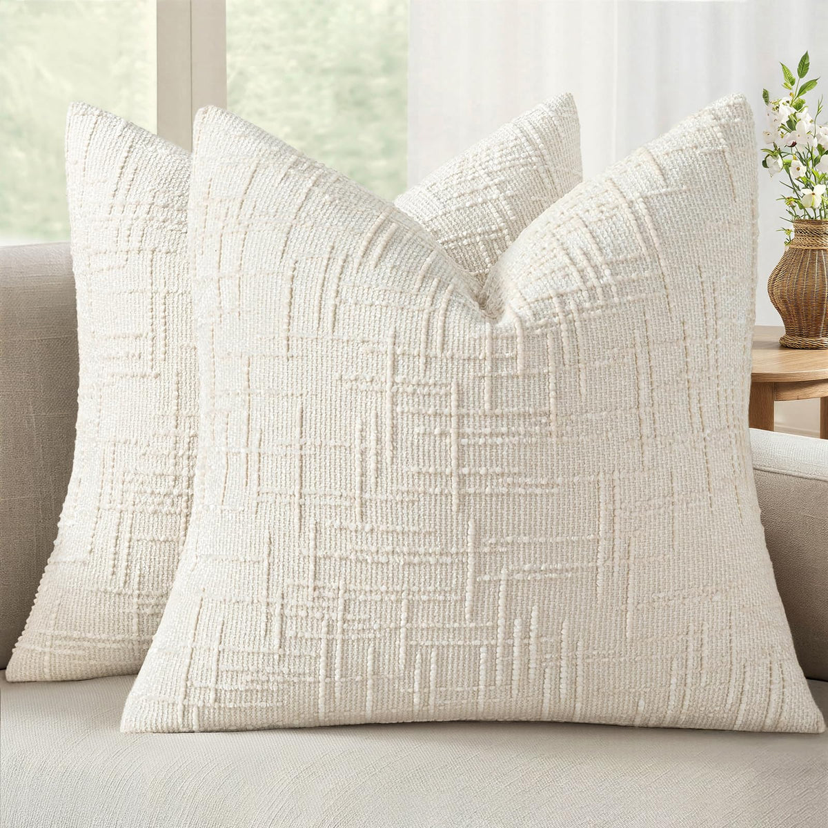 MIULEE Chenille Textured Throw Pillow Covers Cream White 20x20 Set of 2