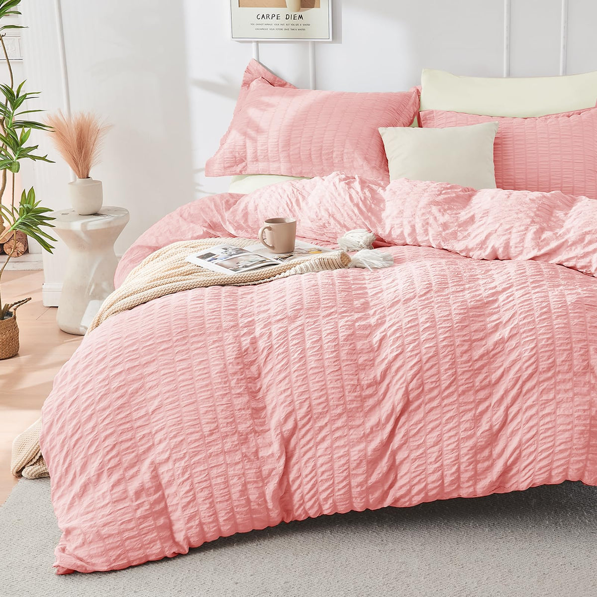 HYMOKEGE Beige Duvet Cover Queen Size, Ultra Soft 3-Piece Seersucker Duvet Cover Set with Zipper Closure, Soft Brushed Microfiber Bedding Set with 8 Corner Ties (90"x90", 2 Pillowshams)