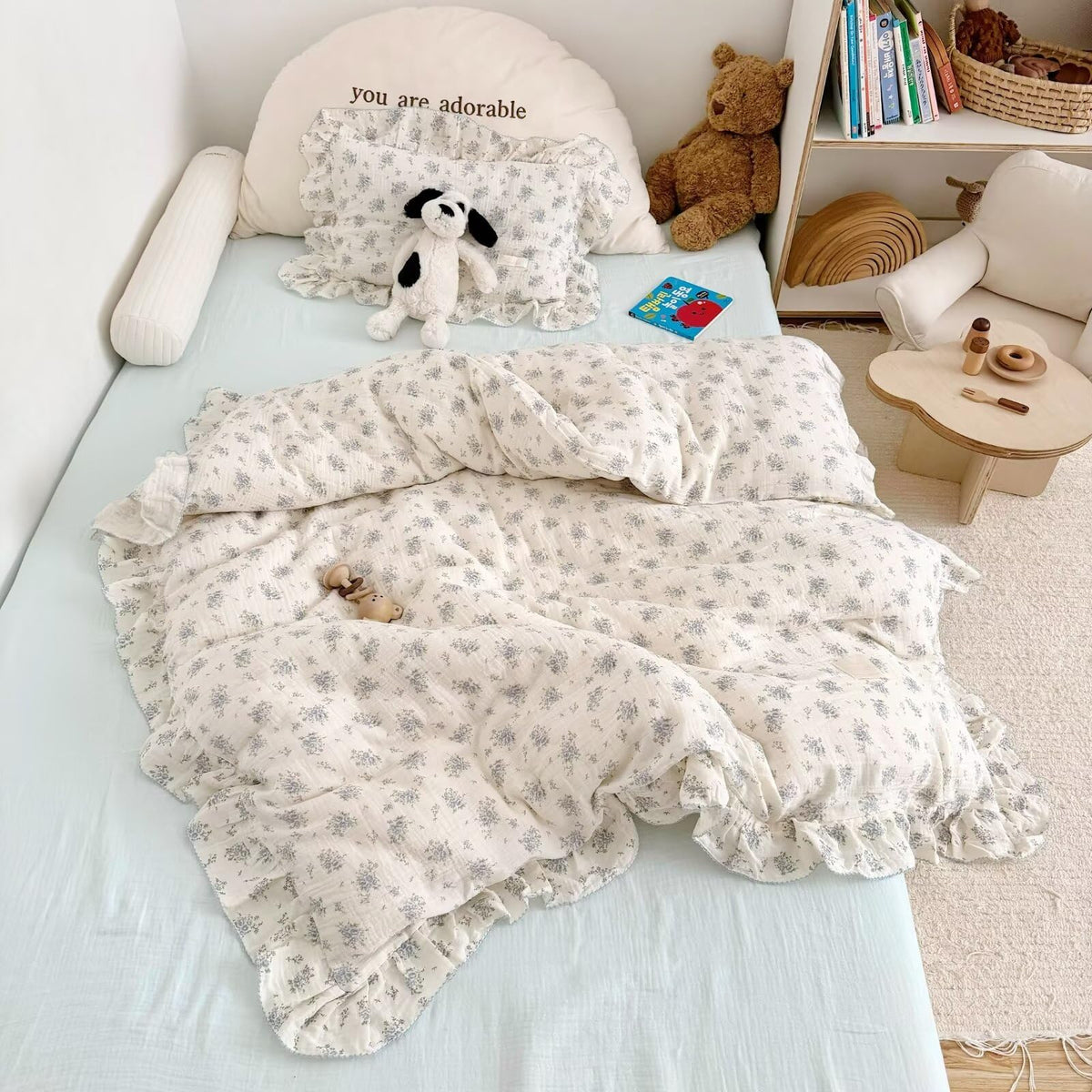 BuLuTu 100% Cotton Muslin Duvet Cover Twin for Kids Girls Boys, Shabby Chic Azalea Floral Duvet Covers Vintage Farmhouse Comforter/Quilt Cover with Ruffles, 68"x86", Zipper Closure, No Pillow