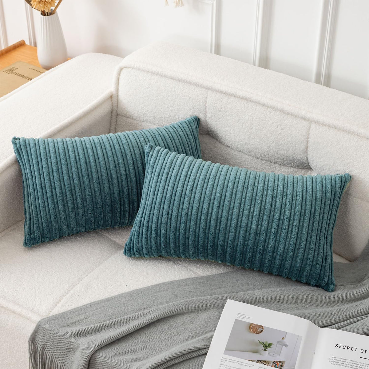 UGASA Velvet 12x20 Inch Lumbar Soft Throw Pillow Cover Boho Farmhouse Decorative Corduroy Striped Both Sides Solid Rectangular Cushion Case for Couch Bedroom Sofa Home, 1 Piece, Beige
