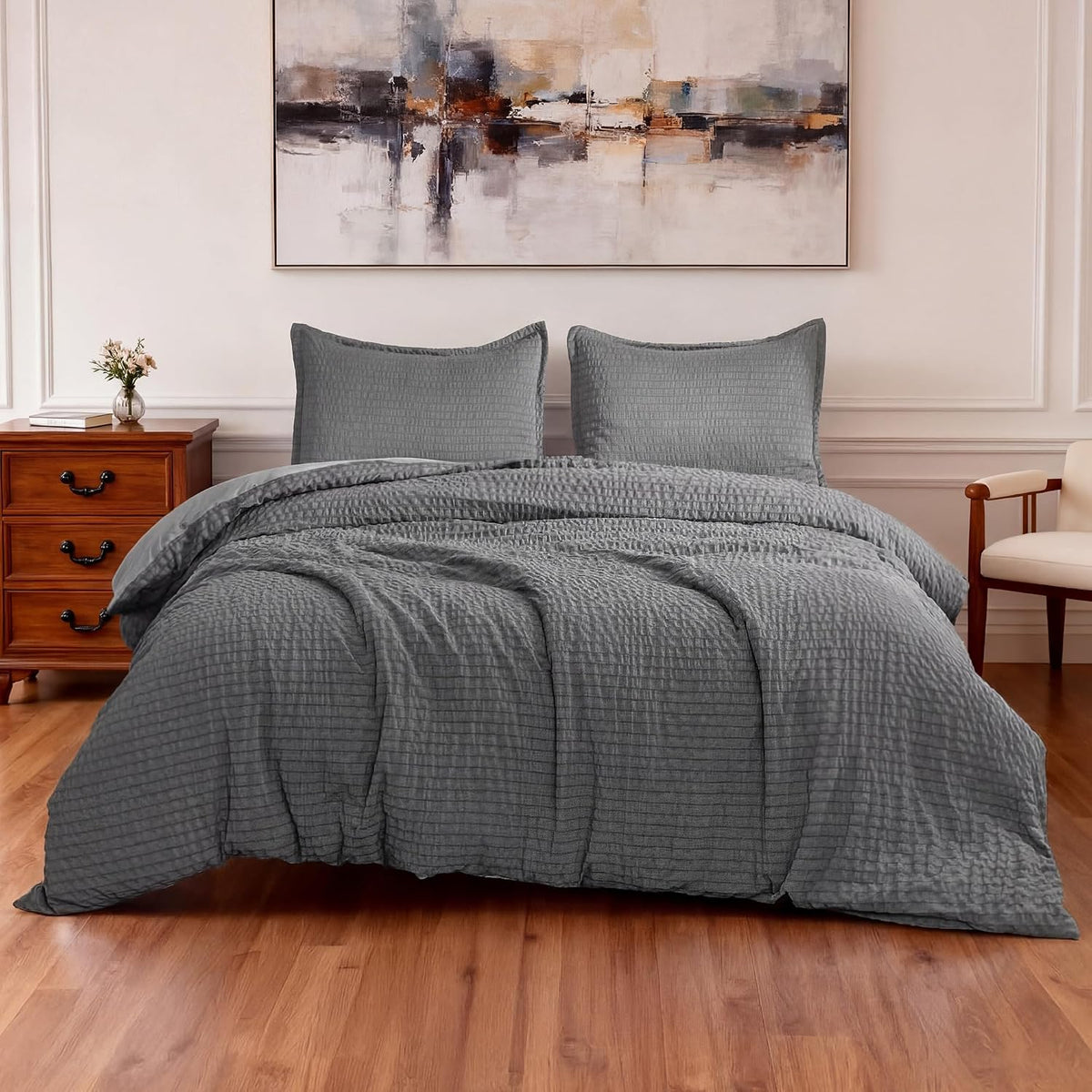 Amazon Basics Duvet Cover Set with Jacquard Geometric Pattern, 3-Piece with 1 Duvet Cover and 2 Pillow Shams, Comforter Not Included, Queen, Dark Gray
