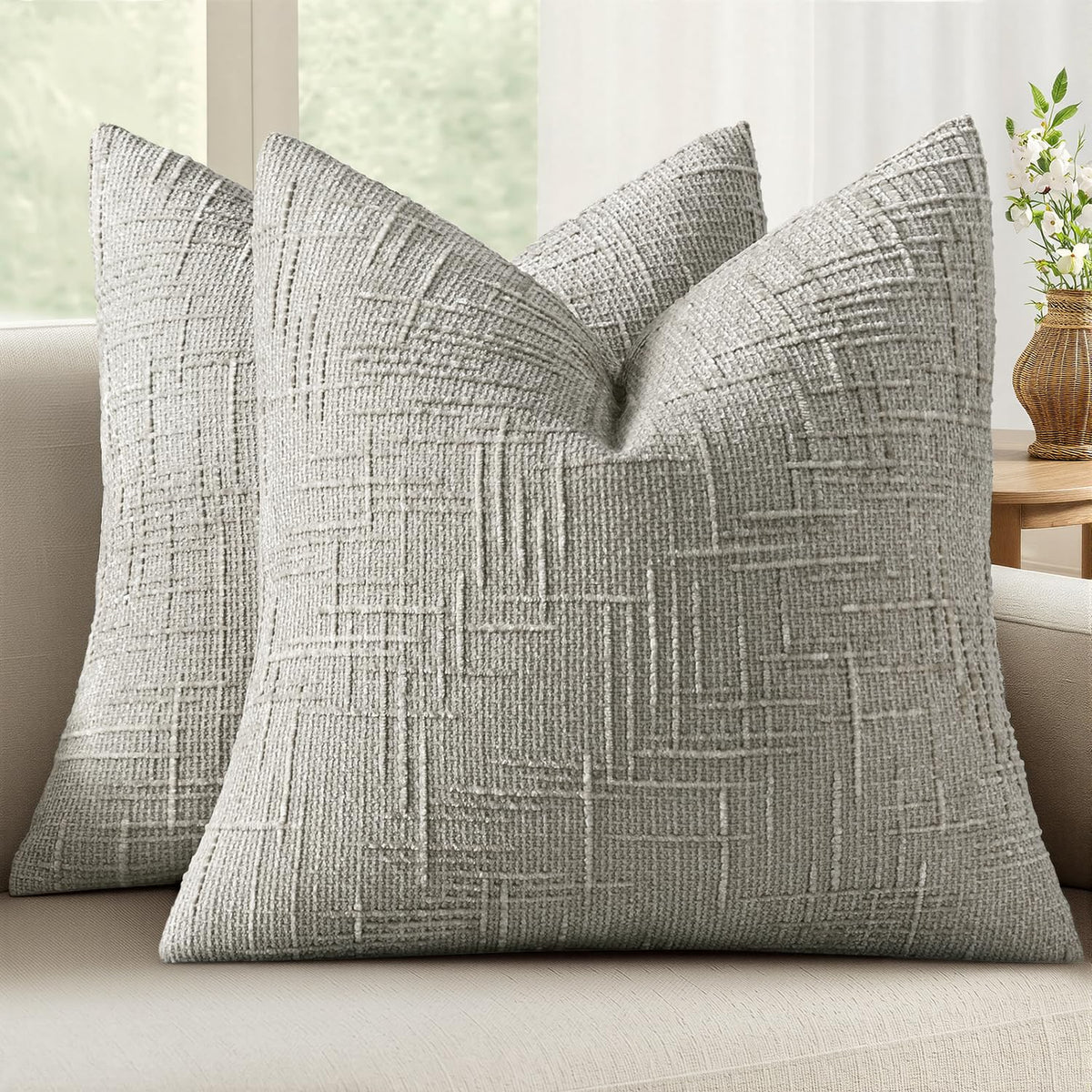 MIULEE Chenille Textured Throw Pillow Covers Cream White 20x20 Set of 2