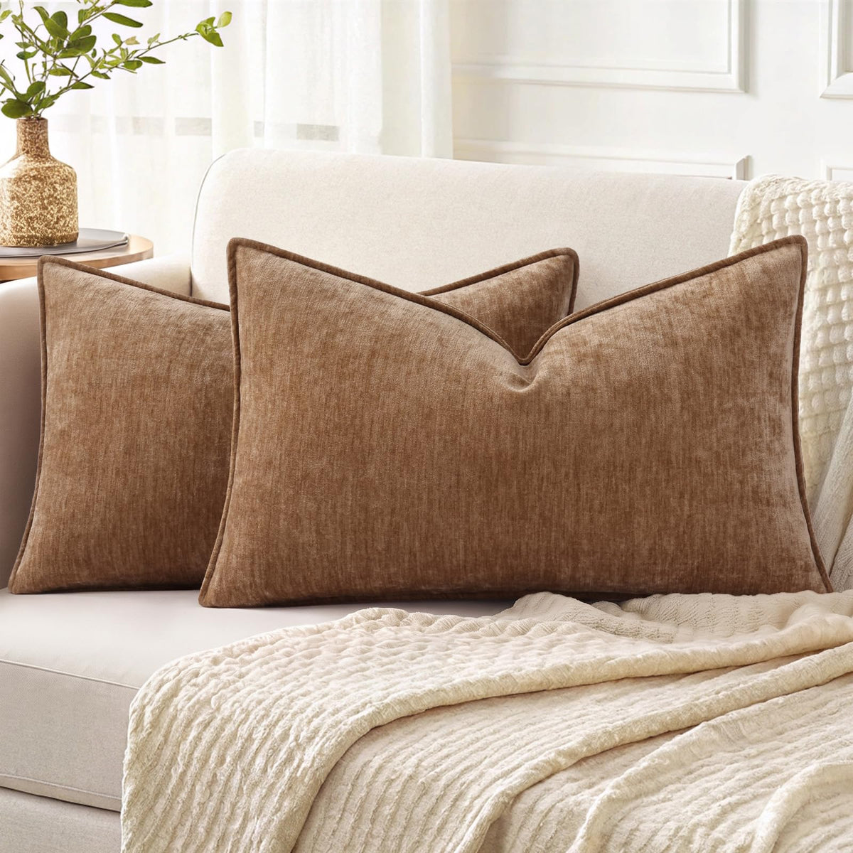 decorUhome Chenille Beige Velvet Throw Pillow Covers 20x20 Set of 2