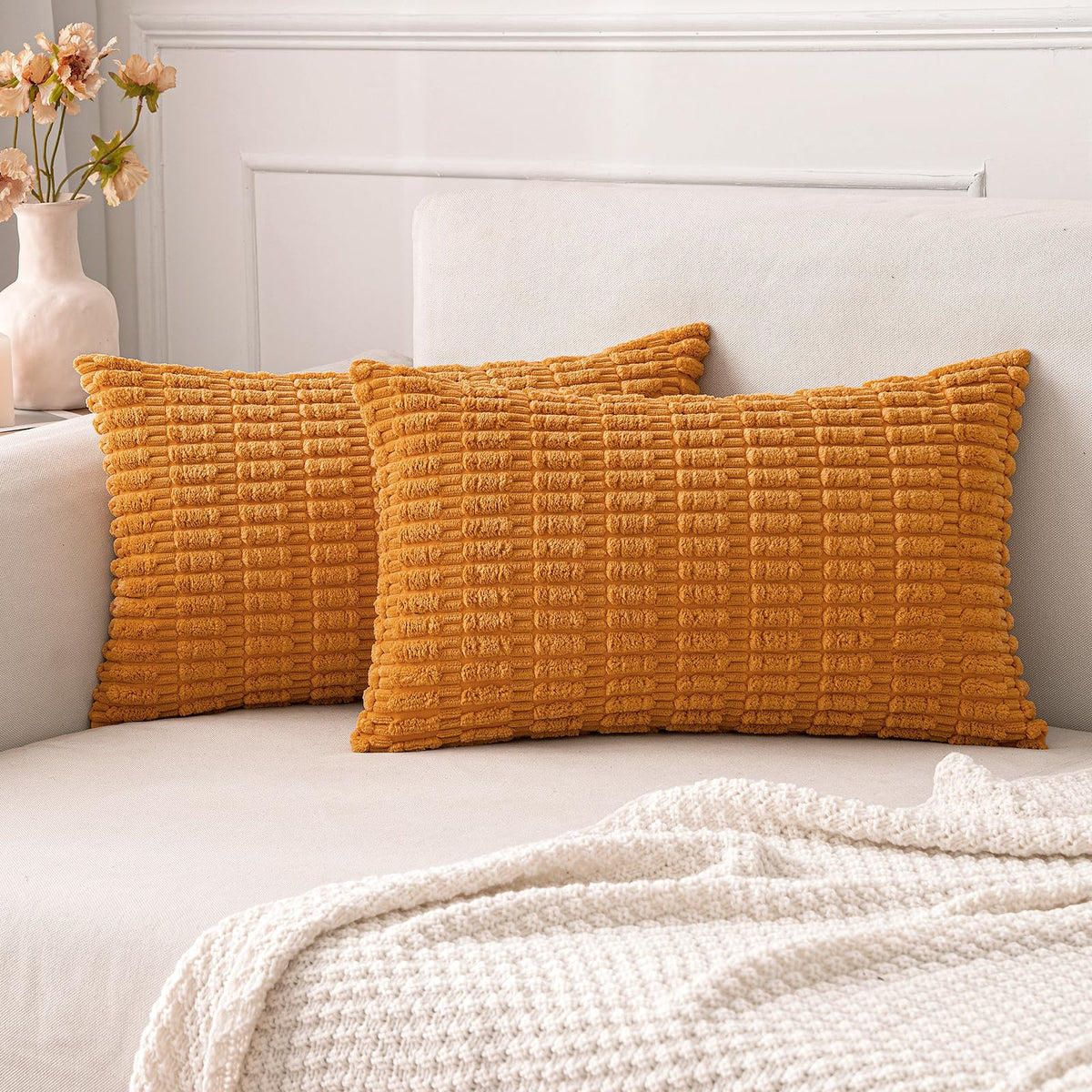 MIULEE Corduroy Decorative Throw Pillow Covers 20x20 Cream White Pack of 2