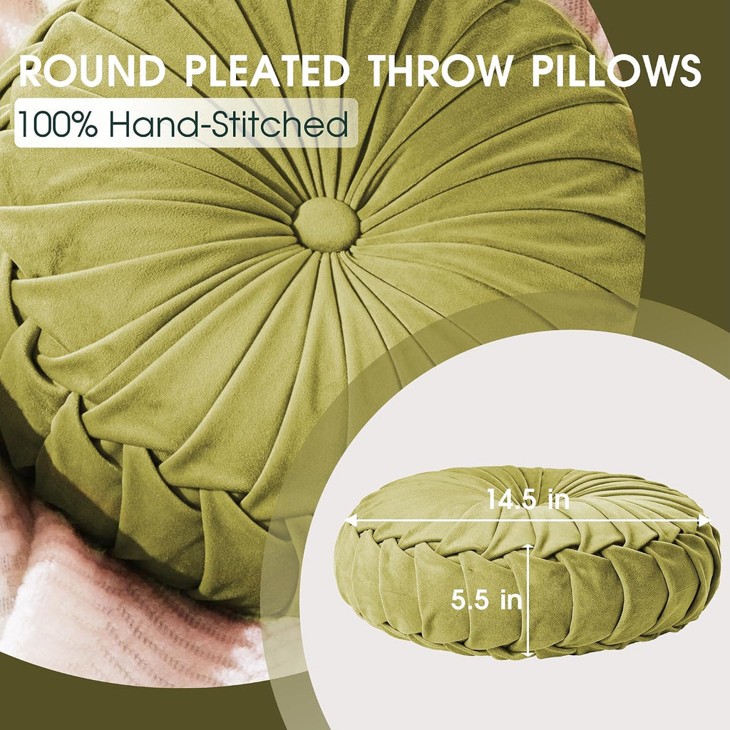 ROSE&RISY Round Pleated Velvet Throw Pillow, 2 Pack Decorative Accent Pumpkin Pillow Cushion for Couch Sofa Bed, Soft Plush Retro Vanity Throw Pillows for Home Decor, 14.5 Inch, Olive Green