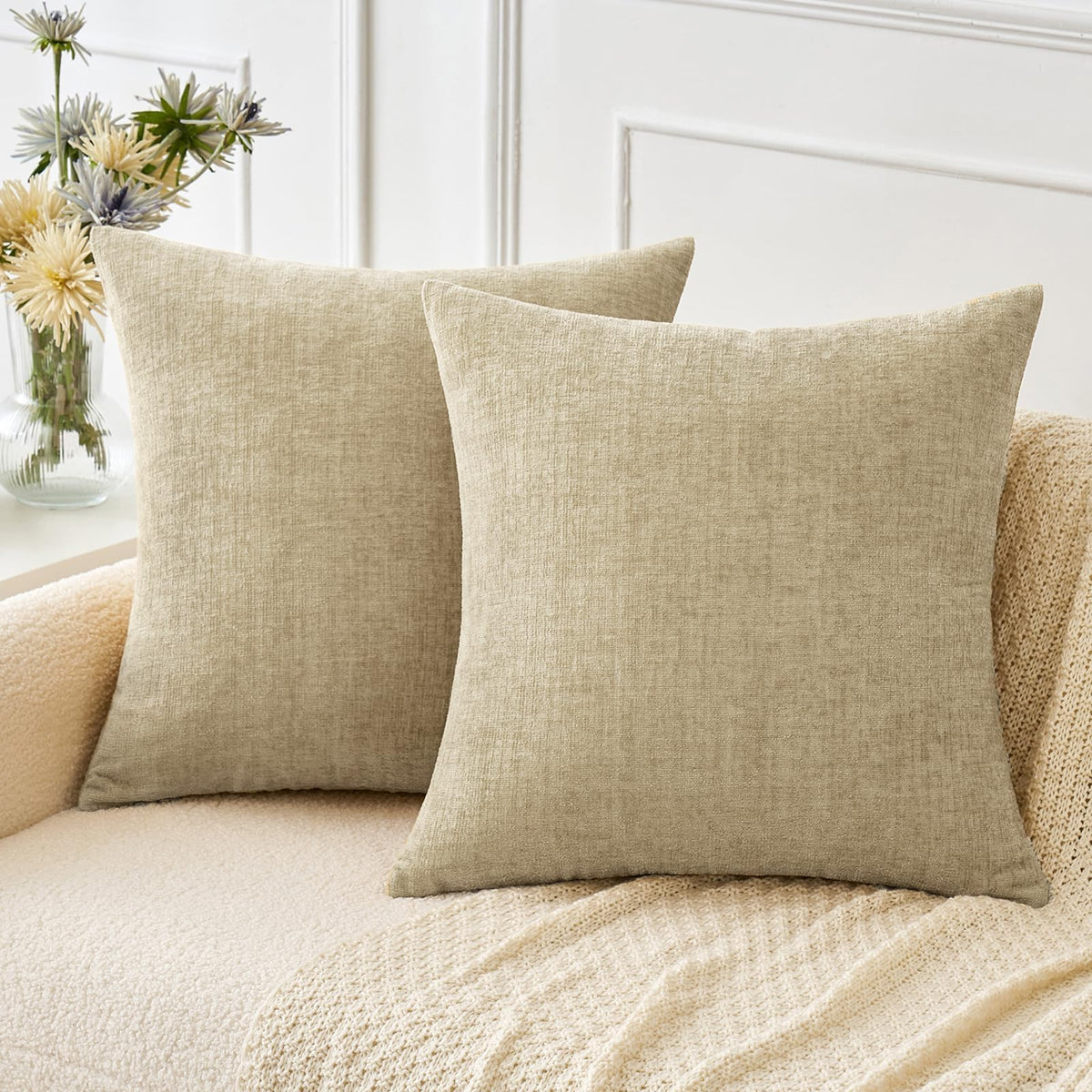 MIULEE Soft Chenille Throw Pillow Covers Teal 18x18 Inch Pack of 2