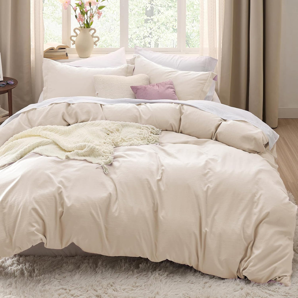 Bedsure Prewashed Duvet Cover Queen, Cotton-Like Soft Bedding Set, Beige