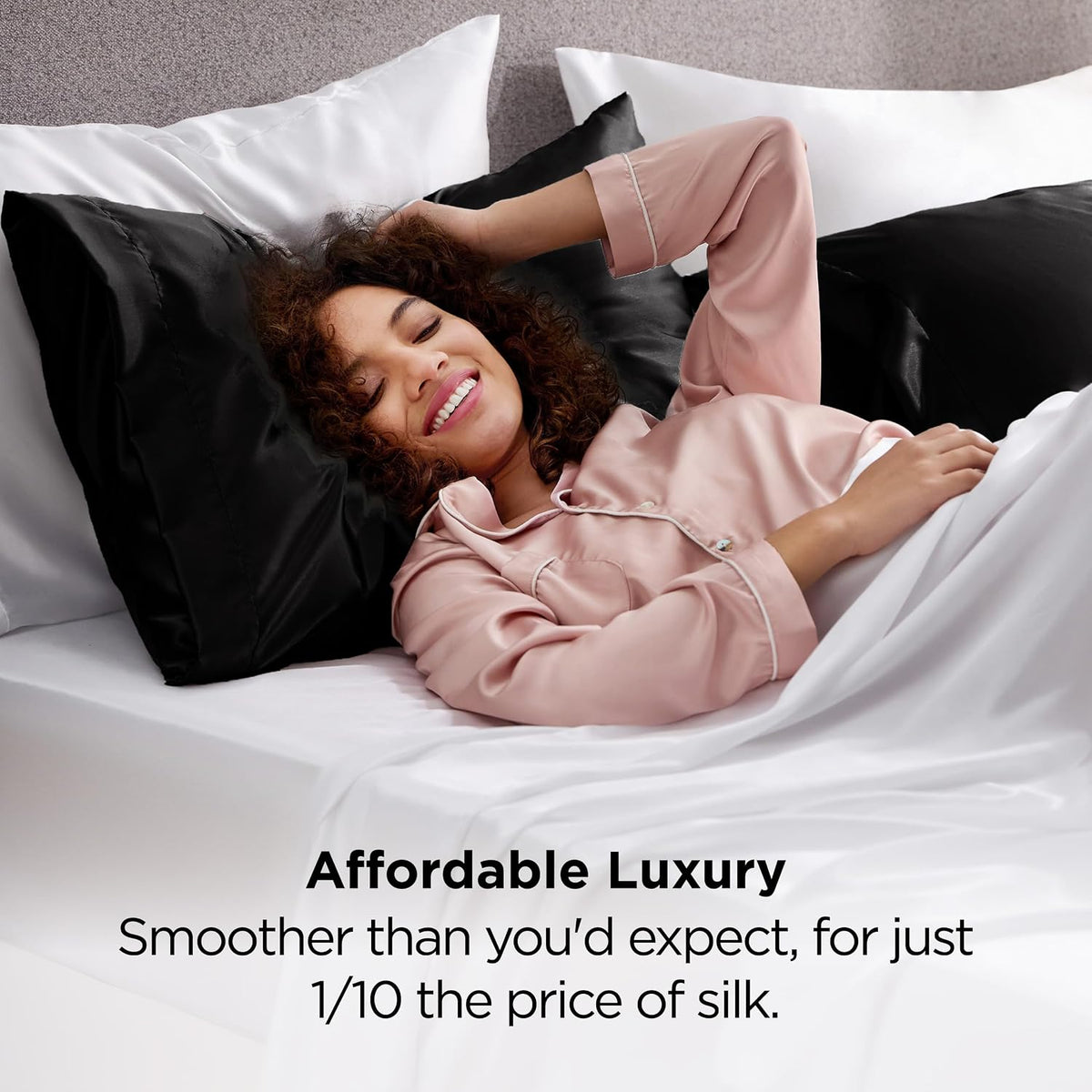 Bedsure Satin Pillowcases Queen Set of 2, Similar to Silk Pillow Case Black
