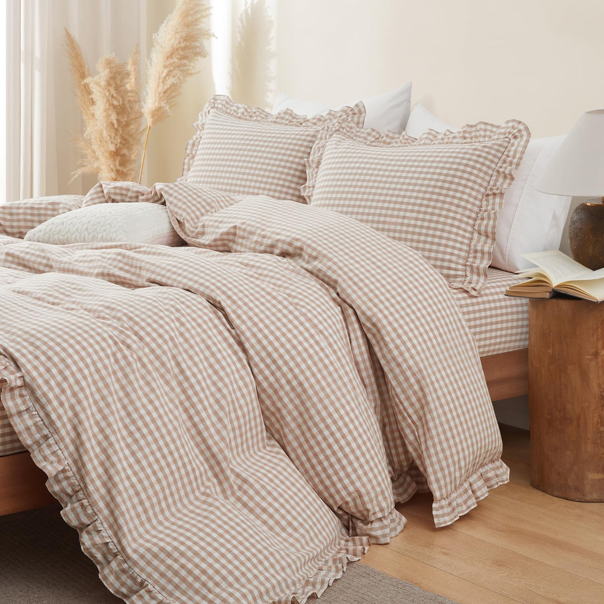 Taupe Gingham Ruffle Duvet Cover King Size 3 Piece