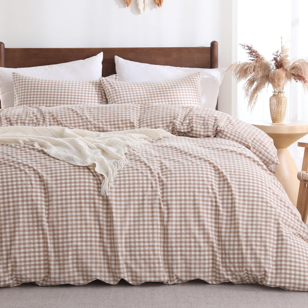 Cotton Brown Gingham Duvet Cover Bedding Set Linen Like, Queen