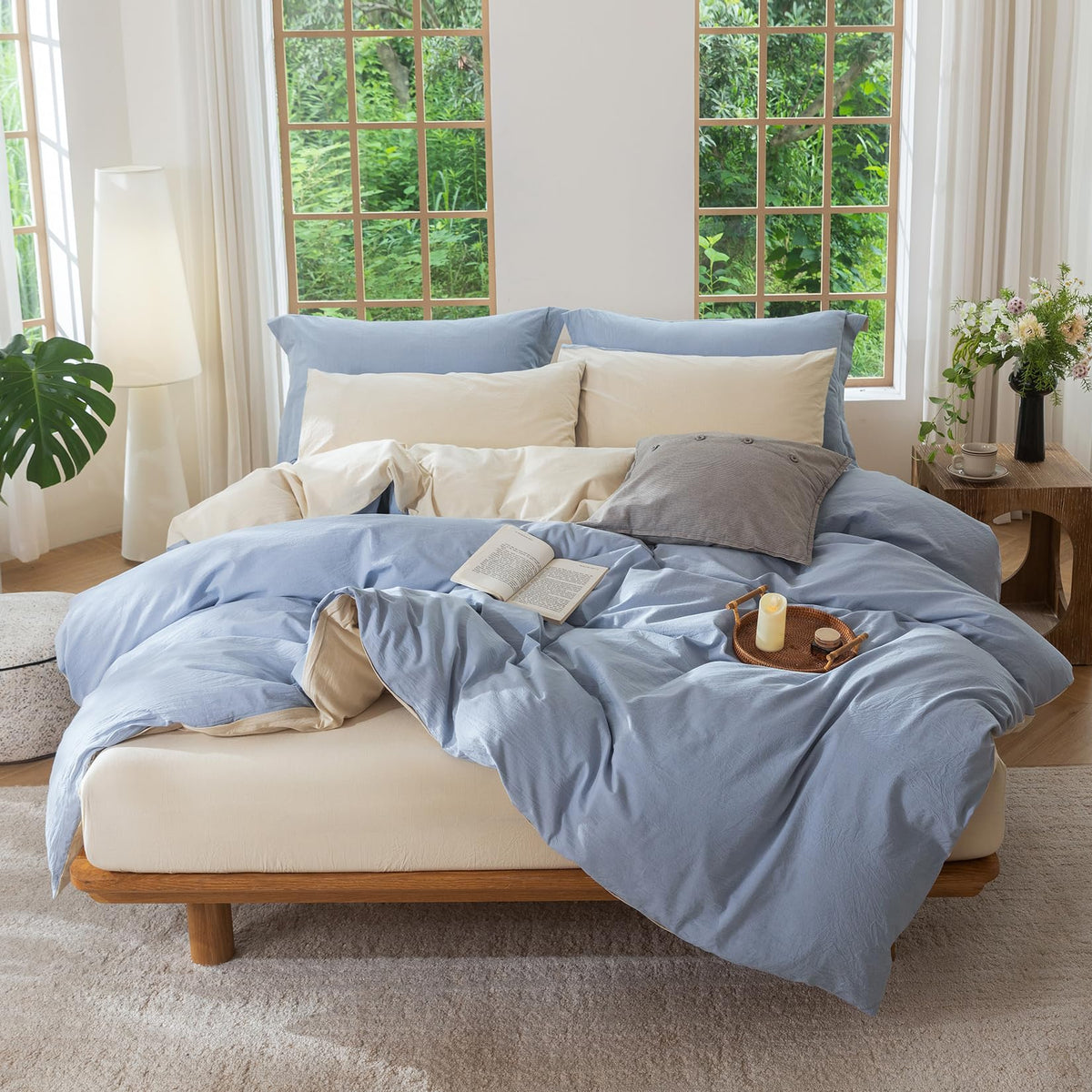 BDEAR 3Pcs Off White Duvet Cover Set Queen Size 90" L x 90" W, Oeko TEX