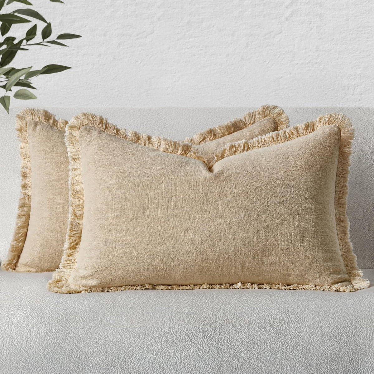 MIULEE Boho Linen Fringe Decorative Throw Pillow Covers Olive Green 20x20