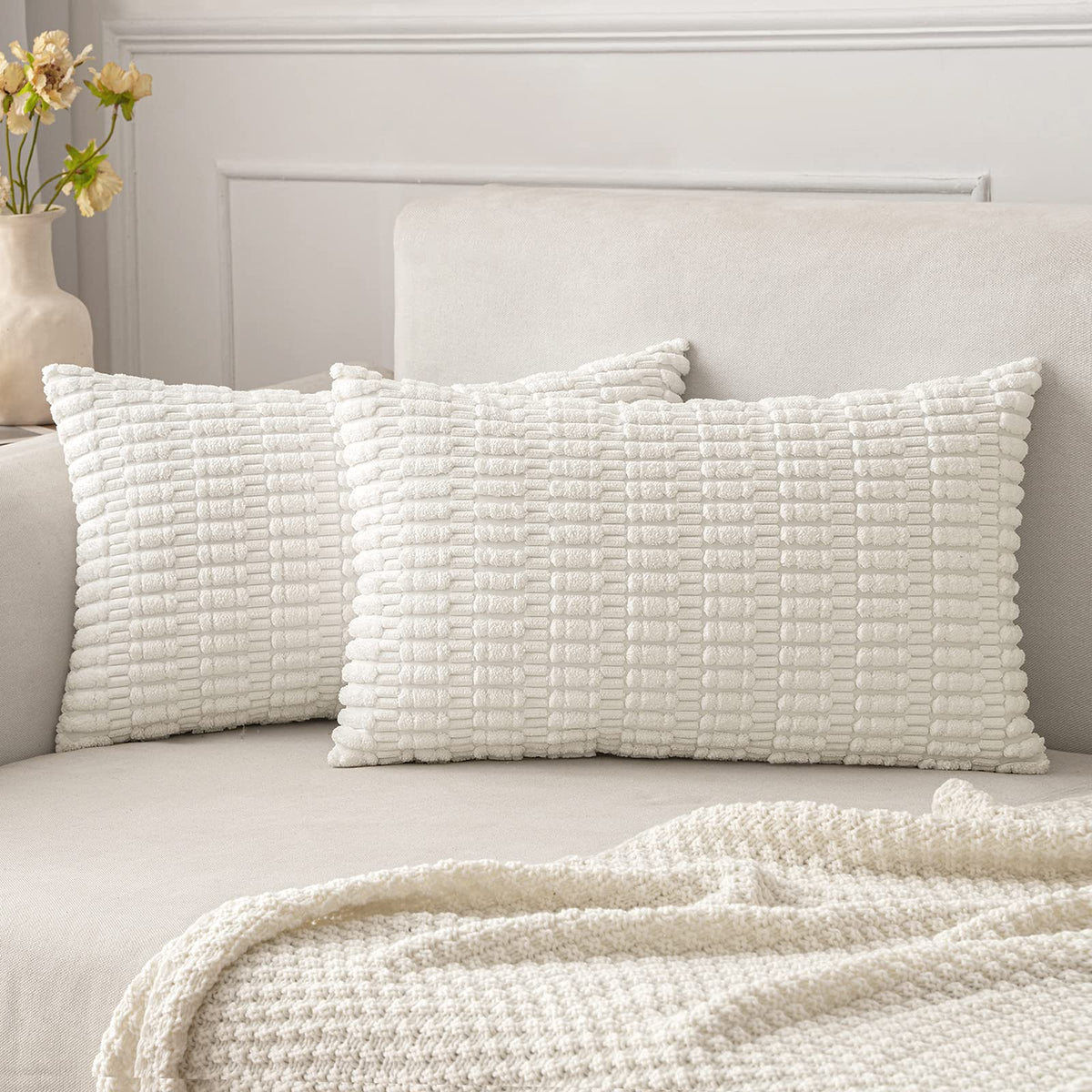 MIULEE Corduroy Decorative Throw Pillow Covers 20x20 Cream White Pack of 2