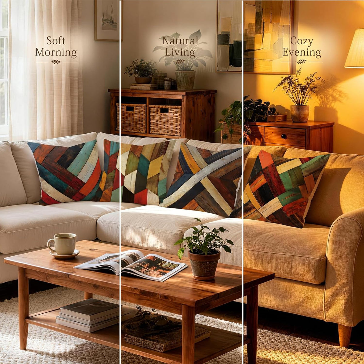 OBSEDE Retro Wood Grain Geometric Throw Pillow Covers 18 x 18 Inch Set of 4