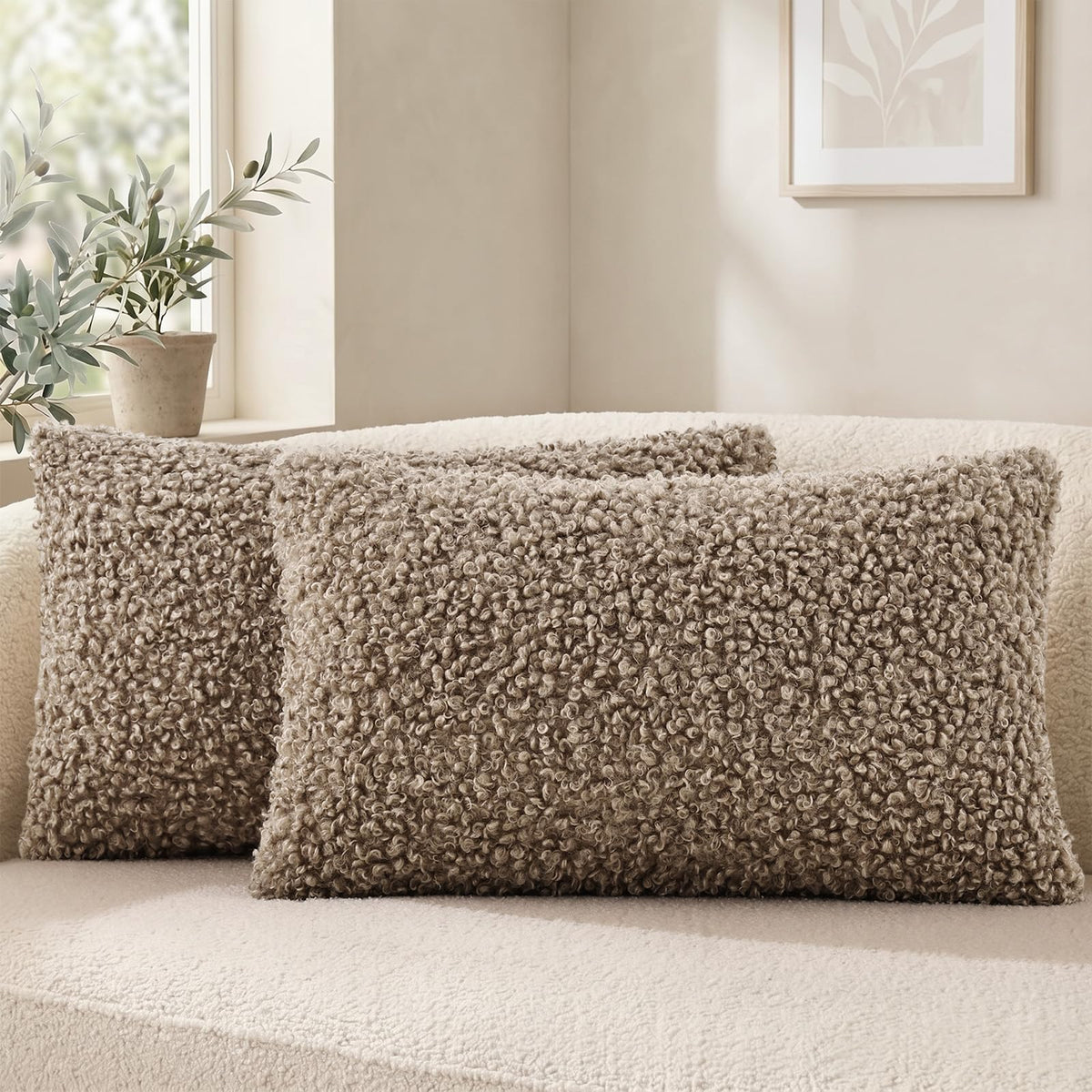 decorUhome Sherpa Throw Pillow Covers 18x18 Set of 2 Neutral Cream