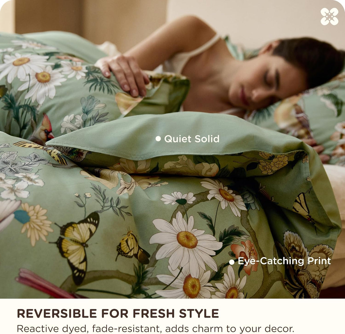 Bedsure PureWoven 100% Cotton Floral Duvet Cover Set, Queen, Green Garden