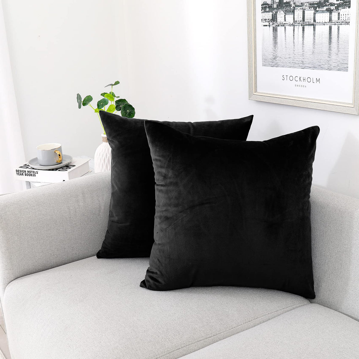 NiNi ALL Black Velvet Throw Pillow Covers 18x18 Pack of 2 Decorative Couch