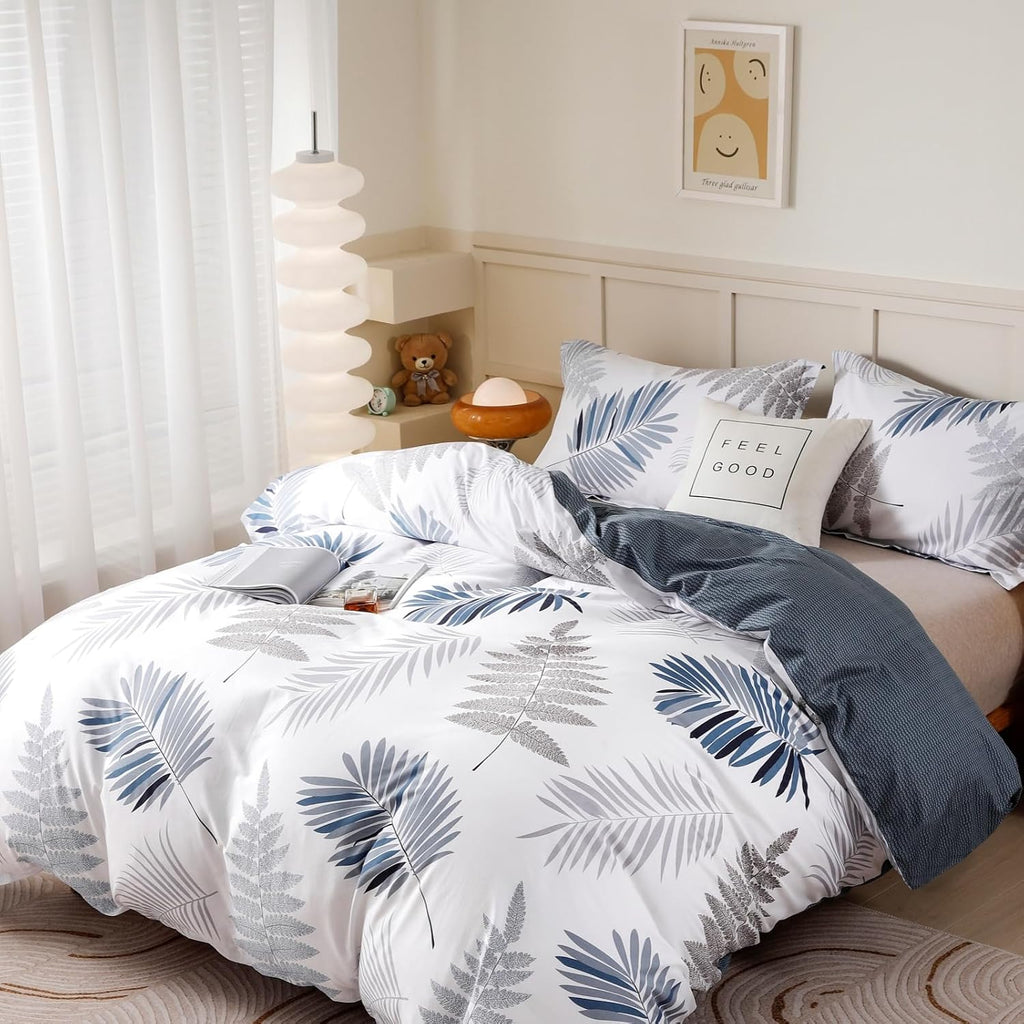 OAITE Queen Duvet Cover Set 3pcs 100% Cotton Blue Leaf