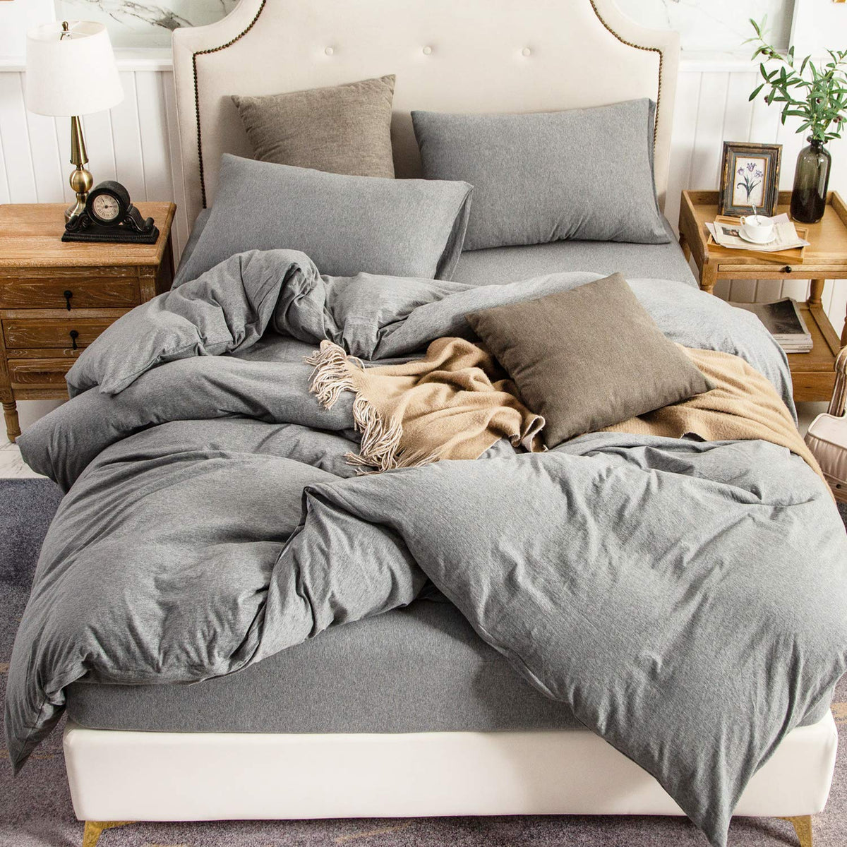PURE ERA Jersey Knit Duvet Cover Set 100% T-Shirt Cotton Super Soft Comfy 3pc Bedding Set with Zipper Closure (Heather Beige, Queen)