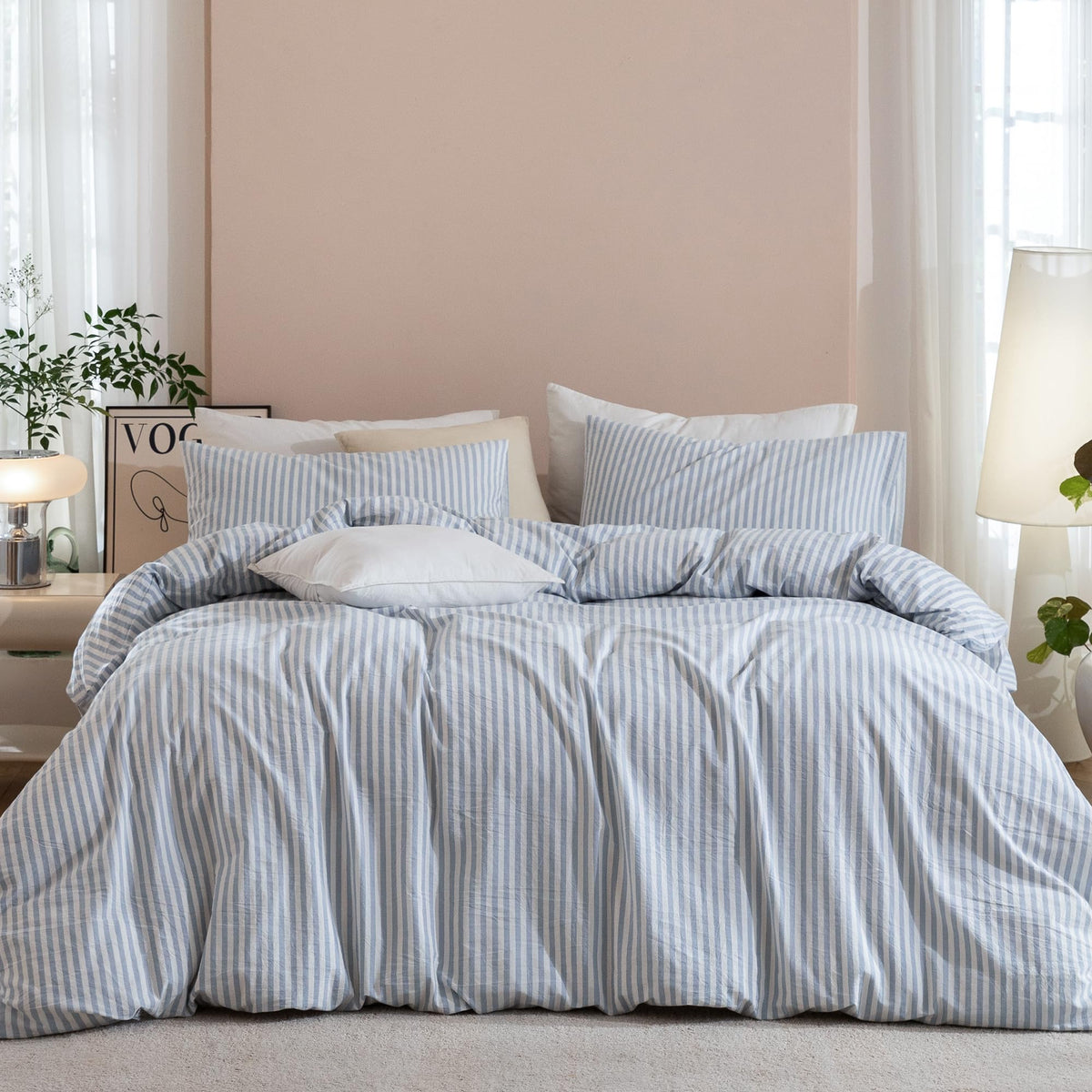 JIYUAN Queen Washed Cotton Duvet Cover Set, 3-Piece, Relaxed Linen Feel