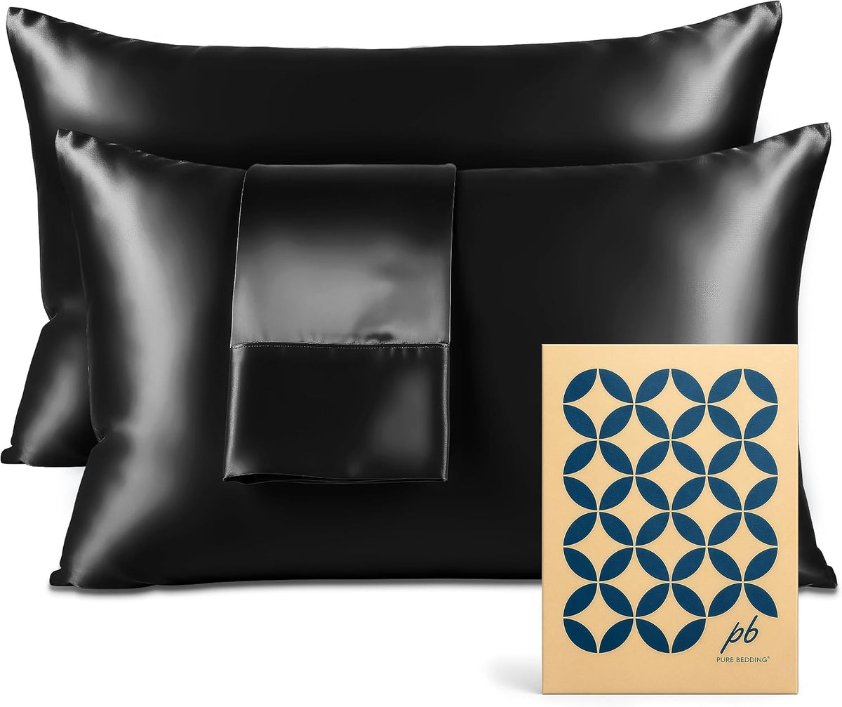 Pure Bedding Satin Pillowcase 2 Pack - Queen Size (20"x30", Black) - Silky Pillow Cases for Hair and Skin - Satin Pillow Covers with Envelope Closure - Extra Soft Premium Microfiber