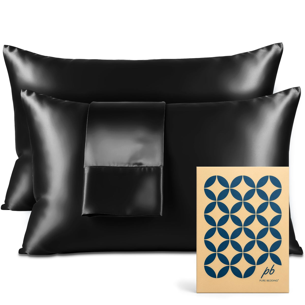 Pure Bedding Satin Pillowcase 2 Pack - Queen Size (20"x30", Black) - Silky Pillow Cases for Hair and Skin - Satin Pillow Covers with Envelope Closure - Extra Soft Premium Microfiber