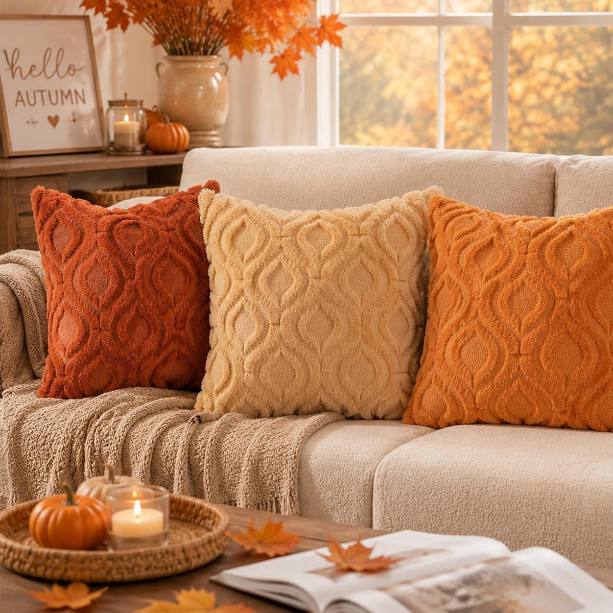 decorUhome Faux Fur Plush Soft Rust Throw Pillow Covers 18x18 Set of 2