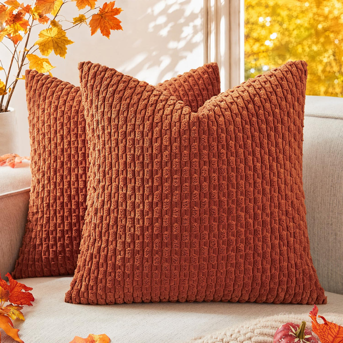 Kevin Textile Soft Corduroy 18x18 Inch Pillow Covers 2 Pack, Burnt Brick