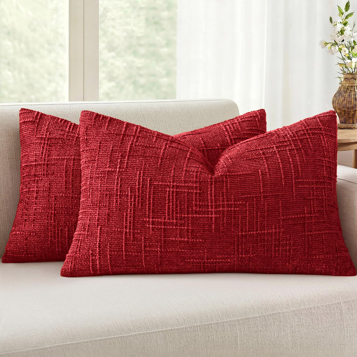 MIULEE Chenille Textured Throw Pillow Covers Cream White 20x20 Set of 2