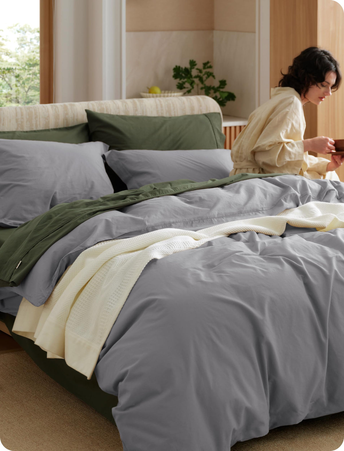 Bedsure PureWoven 100% Washed Cotton Duvet Cover Set, Queen Size, 3-PC
