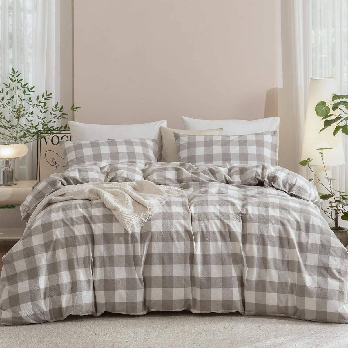 JIYUAN Queen Washed Cotton Duvet Cover Set, 3-Piece, Relaxed Linen Feel