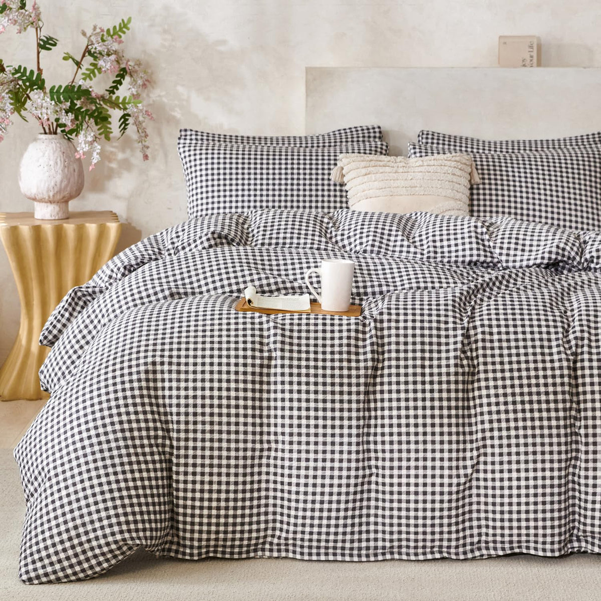 King Size Duvet Cover Set Floral Luxury Soft Brushed Microfiber Crinkle Gauze Fabric 3 Pieces Bedding Set Flower Pattern Duvet Cover King with Zipper Closure Breathable Comfy