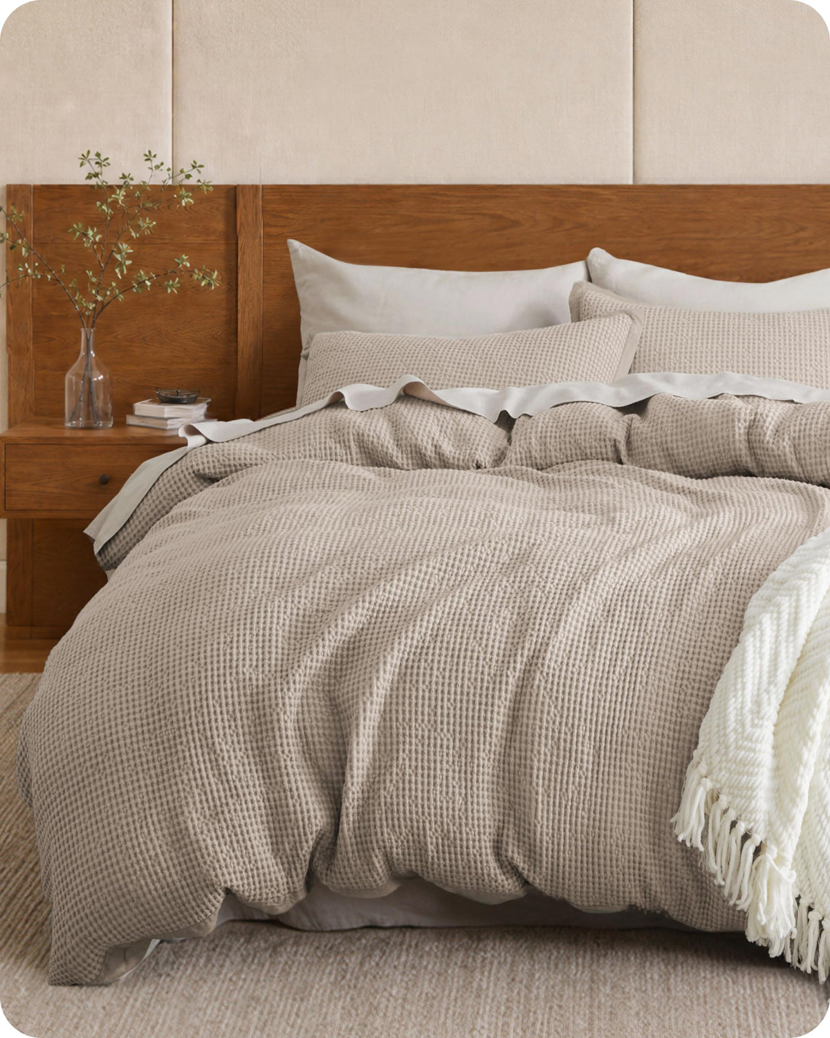 Bedsure PureWoven 3 Pieces 100% Cotton Waffle Duvet Cover Set, King, Linen