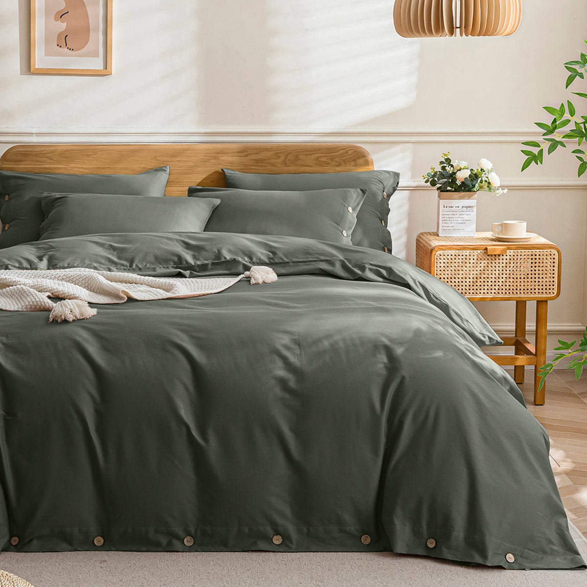 JELLYMONI 100% Washed Cotton Striped Duvet Cover Set King, Linen-Like