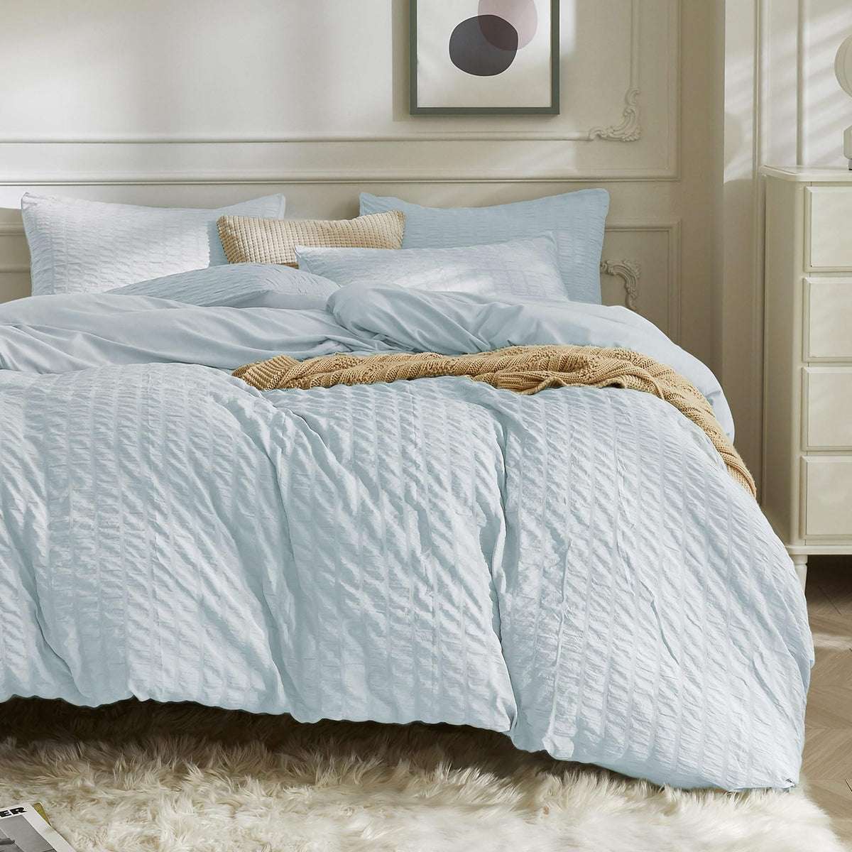 JELLYMONI White Seersucker Duvet Cover Set Queen Size