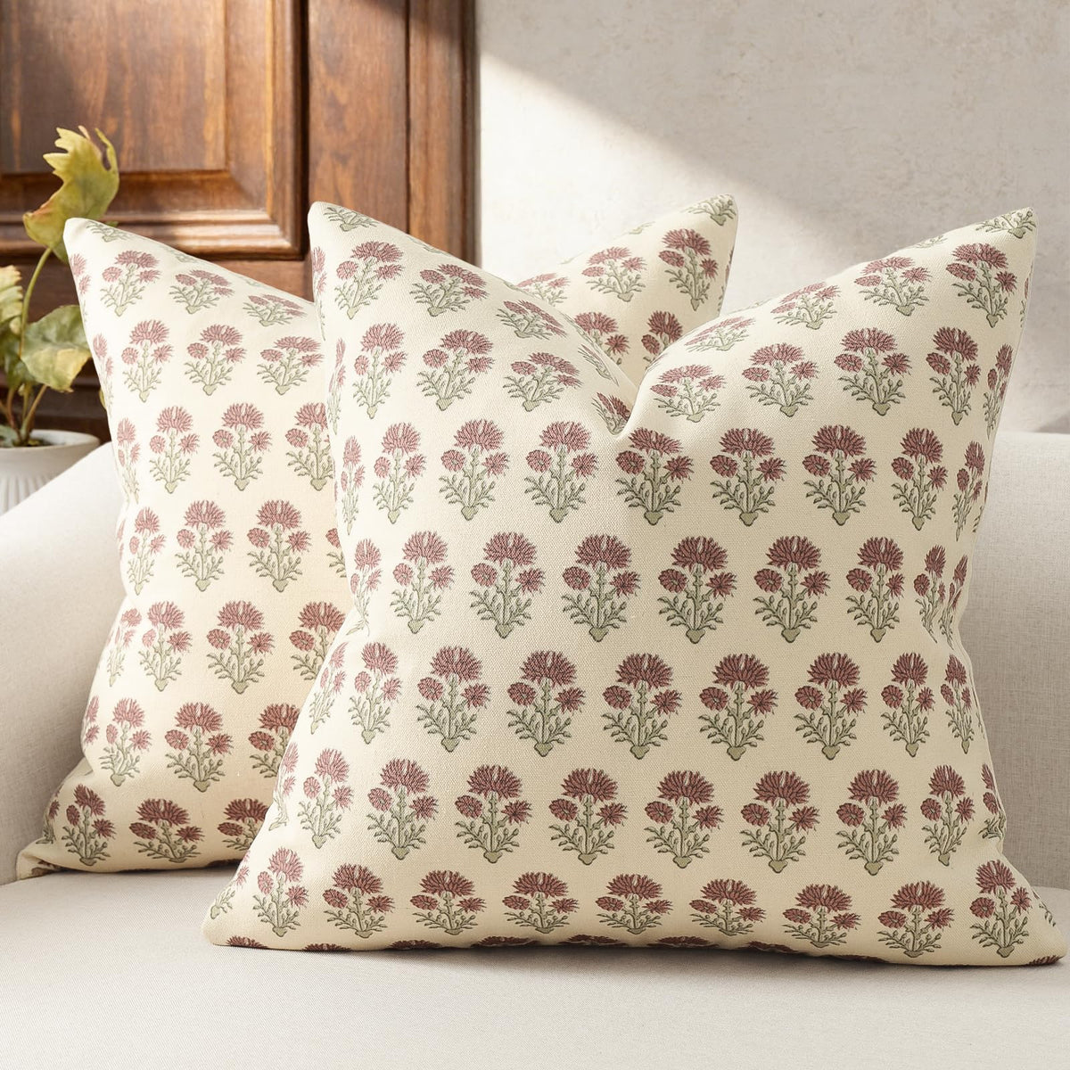 Farmhouse Floral Pillow Covers 18x18 Set of 2, Country Botanical Throw Pillow Cover for Sofa Couch Bed Living Room, Earthic Vintage Flower Cushion Covers Cottage Home Decor,Terracotta