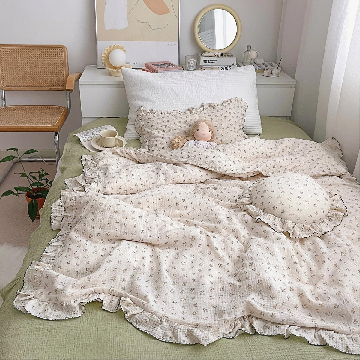 BuLuTu 100% Cotton Muslin Duvet Cover Twin for Kids Girls Boys, Shabby Chic Azalea Floral Duvet Covers Vintage Farmhouse Comforter/Quilt Cover with Ruffles, 68"x86", Zipper Closure, No Pillow