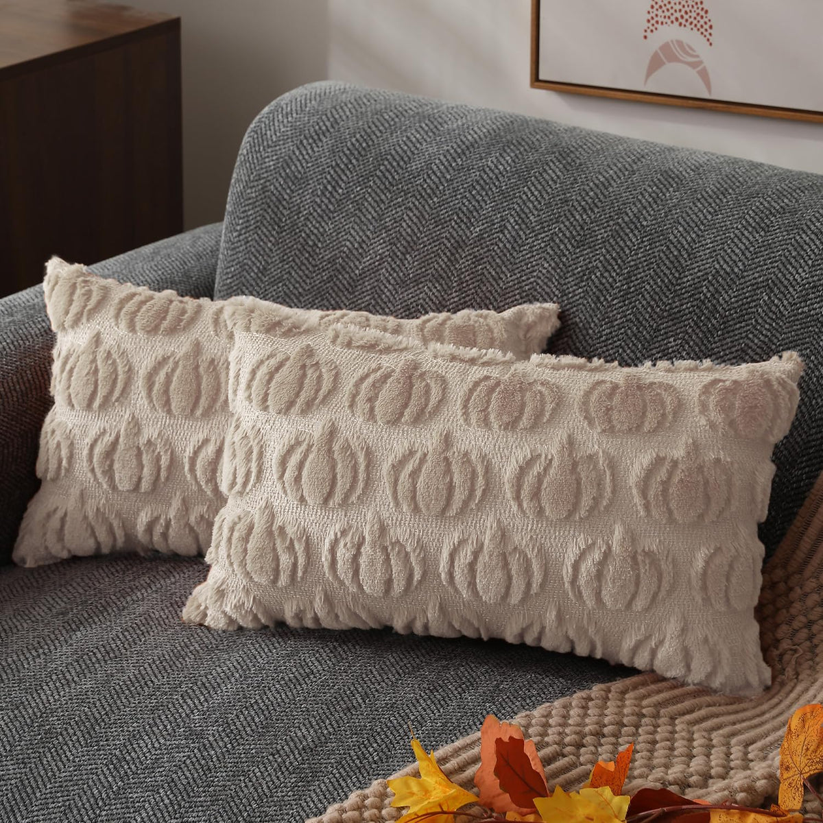 DFXSZ Fall Pillow Covers 18x18 2Pcs Beige Pumpkin Fall Decorations for Home