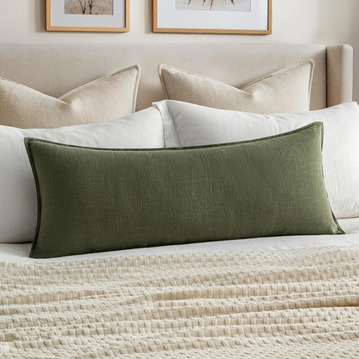 MIULEE Decorative Linen Lumbar Pillow Cover 14x36 Inch Natural Beige