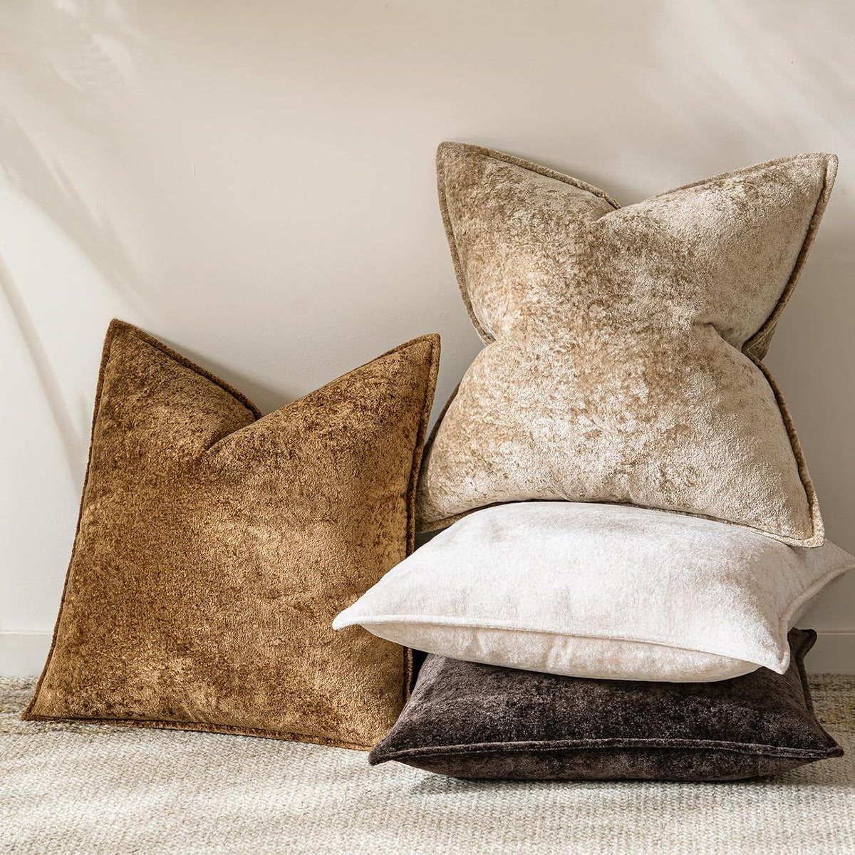 a moment Throw Pillow Covers 18X18 Inch 4 Packs,Soft Velvet Decorative Pillow Cases with 3D Ice Flower,Texture Modern Accent Cushion Covers for Sofa Couch Home Decor Modern Neutral