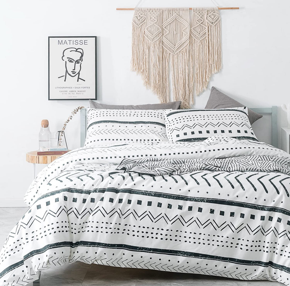 SUSYBAO Boho Aztec Duvet Cover King 100% Cotton 3 Pcs Set 1 Vintage Bohemian Geometric Duvet Cover with Zipper Ties 2 Pillowcases Tribal Yellow Green Triangle Print Bedding Set Soft